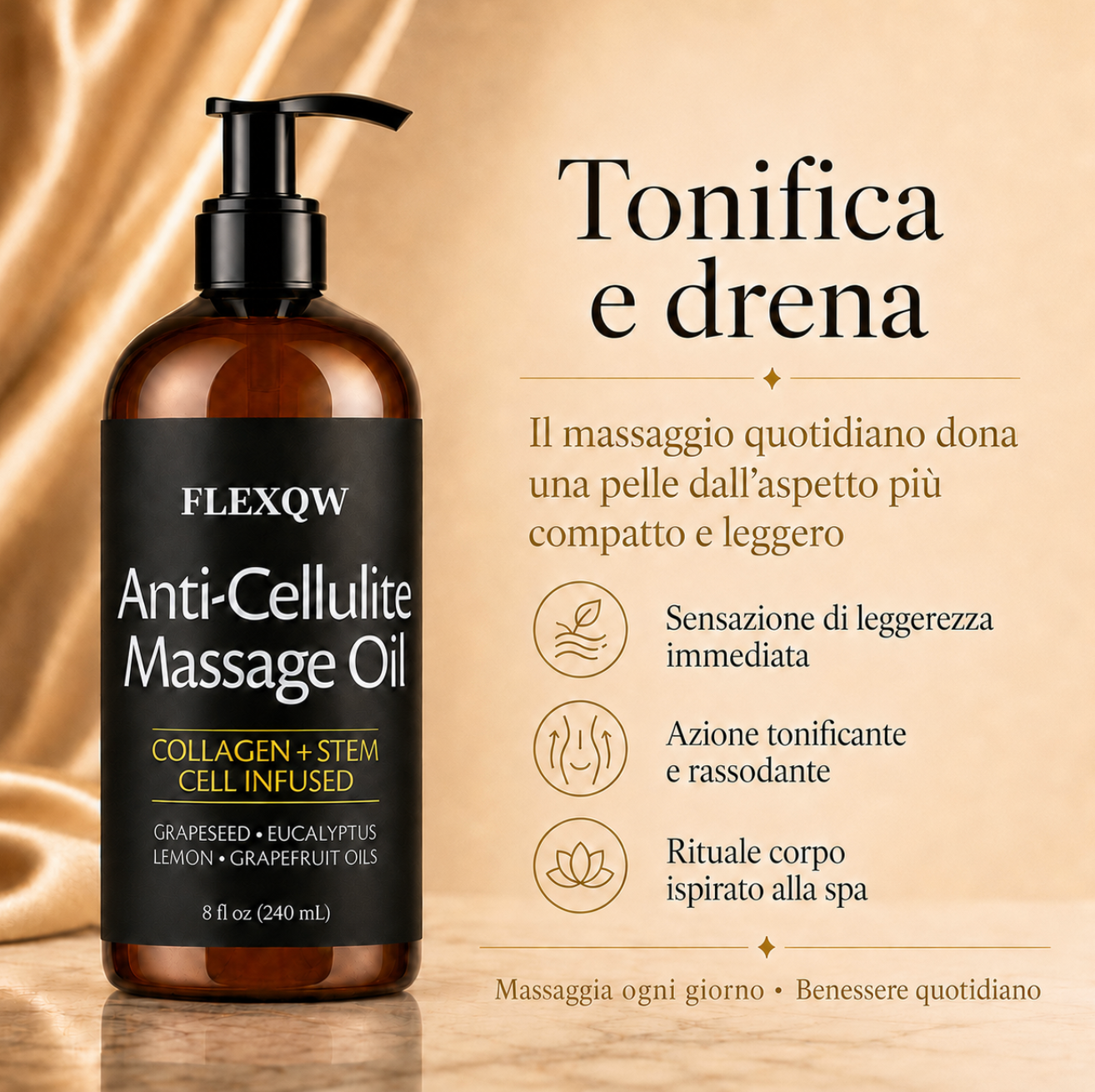 FLEXQW Olio Massaggio Anti-Cellulite – Formula Premium Drenante e Tonificante