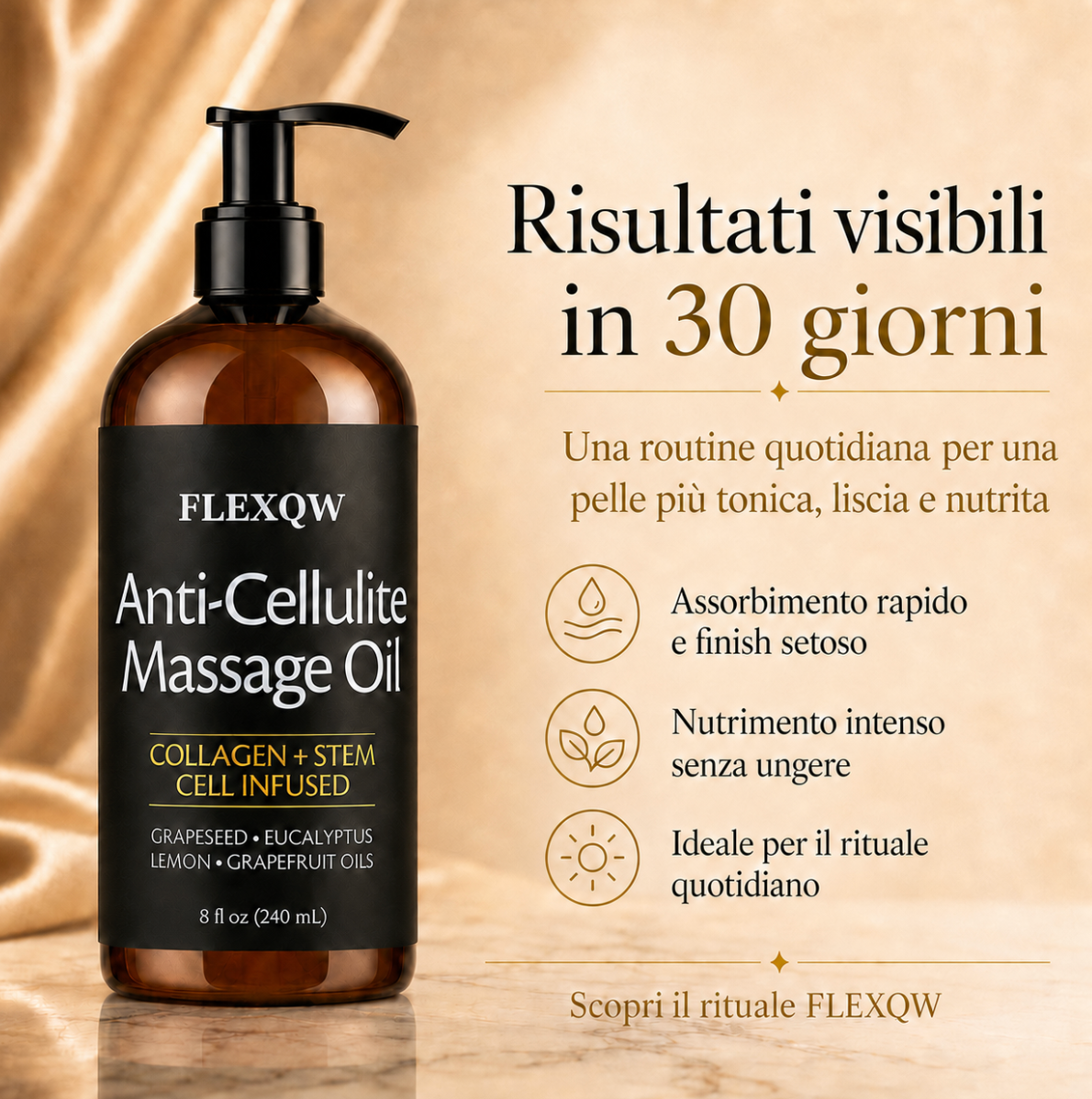 FLEXQW Olio Massaggio Anti-Cellulite – Formula Premium Drenante e Tonificante
