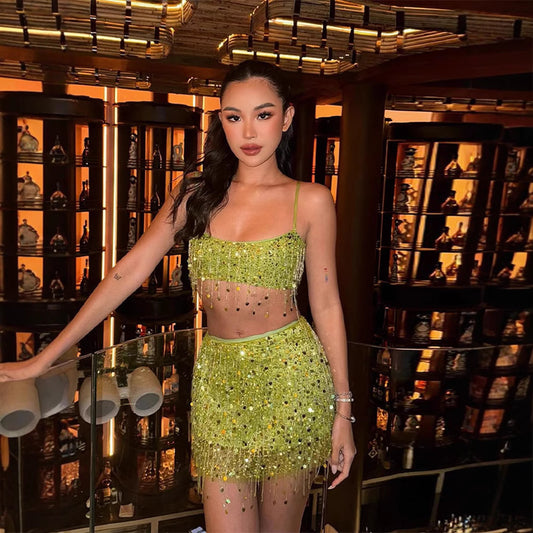 Mini Gonna con Paillettes e Frange